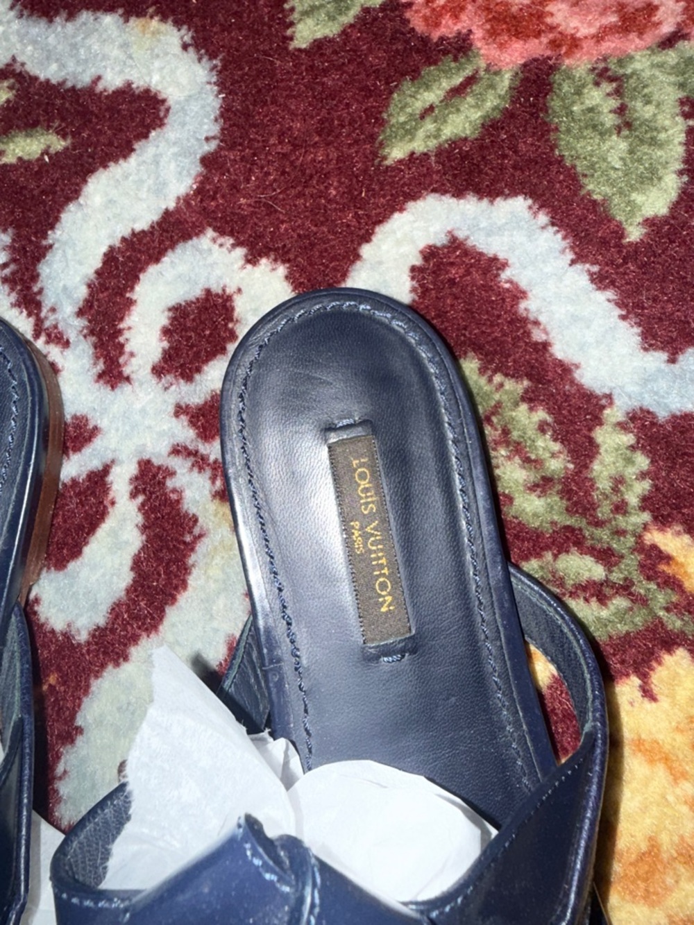 Louis Vuitton Navy Leather Thong Sandals with Gold-Tone Pyramid Accents - Picture 2 of 4